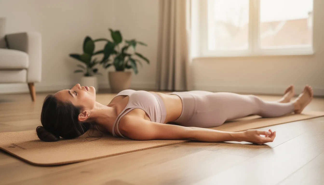 Une femme est assise en position de méditation sur un tapis de yoga, les yeux fermés, dans une posture de relaxation. Cette scène évoque l'importance de prendre soin de sa santé et de son bien-être, des éléments essentiels tout au long du cycle menstruel.