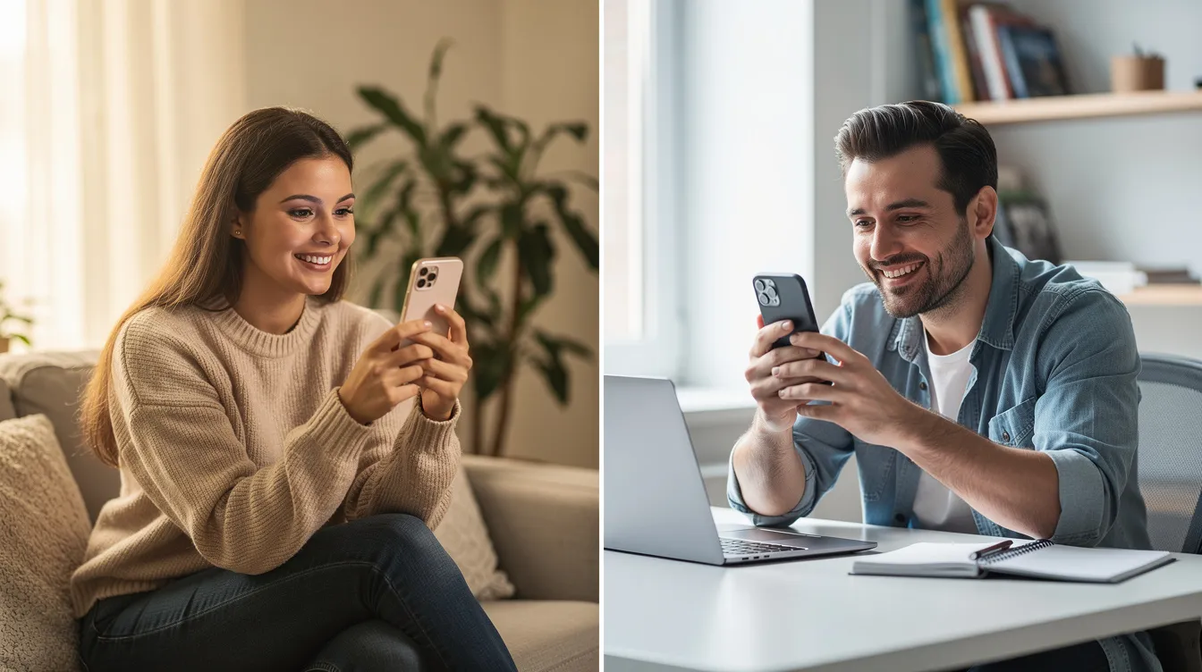 Two people are engaged in a joyful video chat on their smartphones, smiling at each other, highlighting the connection that online dating apps can foster. This image captures the essence of modern relationships, emphasizing the importance of safety tips and being cautious while sharing personal information in the realm of online dating.