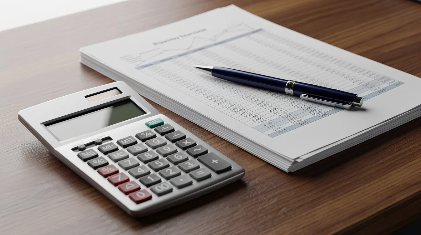 82443a32 0a10 4382 be24 de24dea625c1 The image depicts a calculator alongside printed financial spreadsheets and a pen on a wooden office desk, symbolizing the credit appraisal process and financial assessment. This setup reflects the essential details involved in evaluating a borrower's creditworthiness and financial health for informed lending decisions.