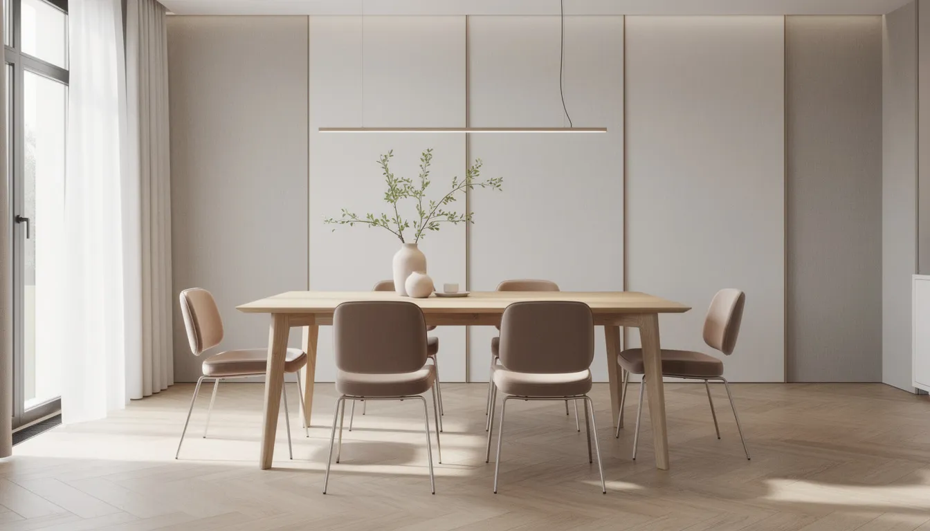 Een stijlvolle eetkamer met lichte wandpanelen, een houten eettafel en designstoelen creëert een moderne en uitnodigende sfeer. De nette afwerking van de panelen en het gebruik van hoogwaardige materialen zorgen voor een professionele uitstraling.