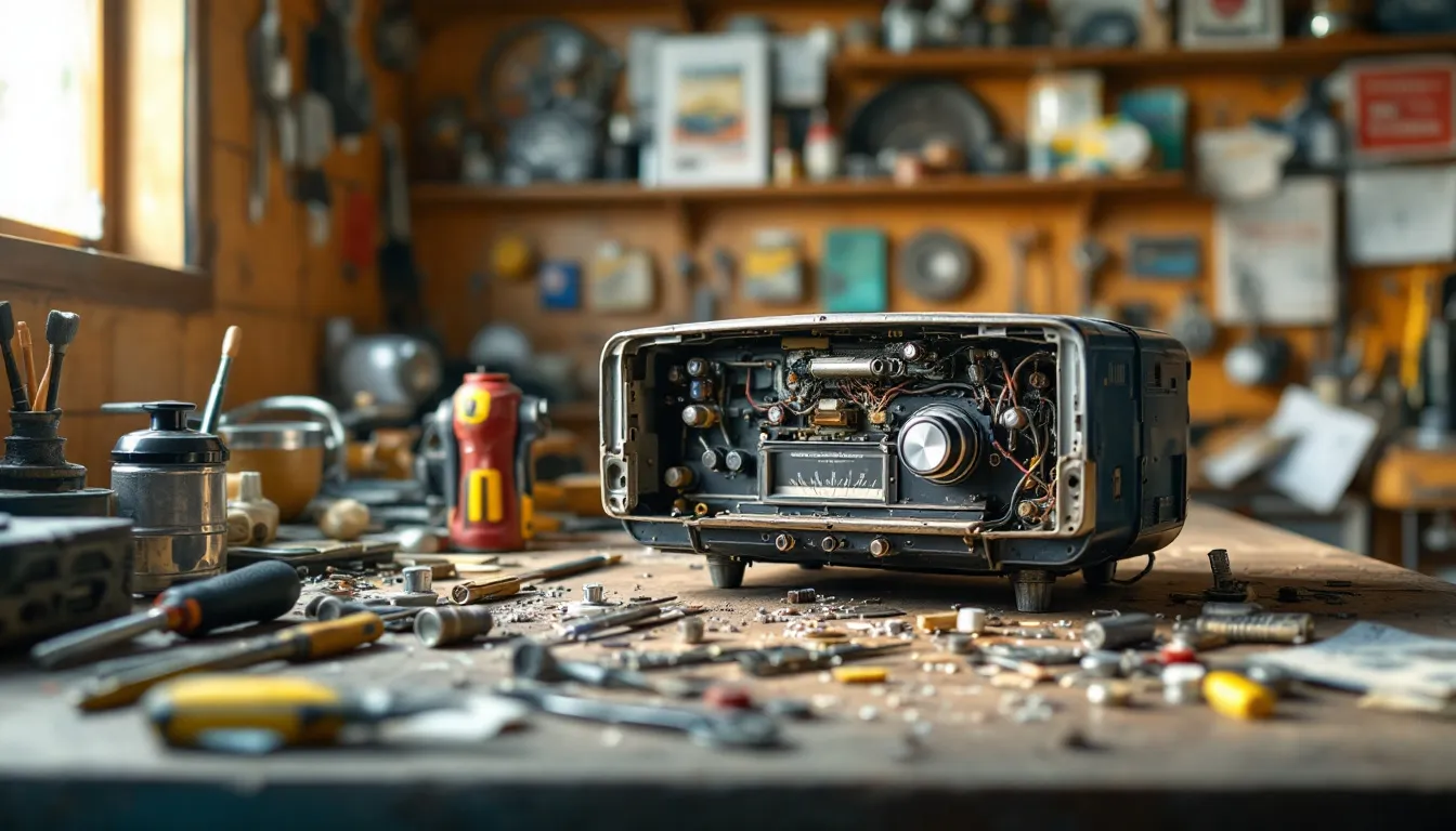 In a workshop, a vintage car radio is being carefully restored, showcasing various audio accessories and tools laid out on a workbench. The scene captures the craftsmanship involved in bringing this classic piece back to life, inviting customers to learn about the restoration process.