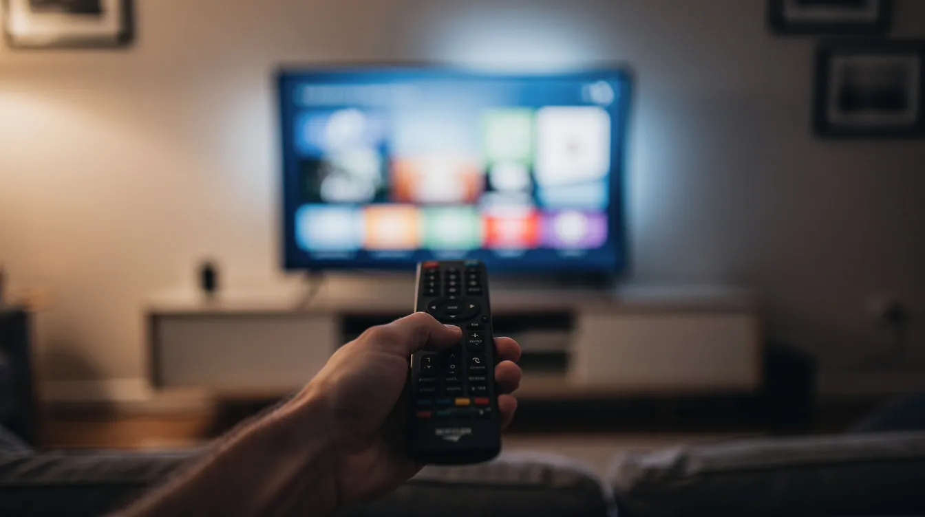 A hand is holding a TV remote control, aimed at a large smart TV in a dimly lit room, suggesting a cozy setting for enjoying high-quality streaming. The scene reflects the convenience of using IPTV technology for accessing live TV channels and on-demand content.