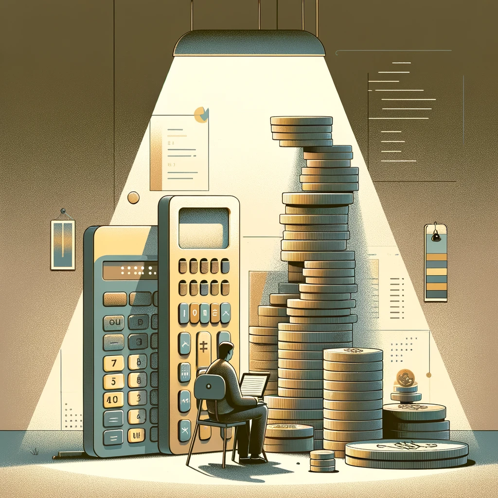 Person on a laptop surrounded by money and calculators