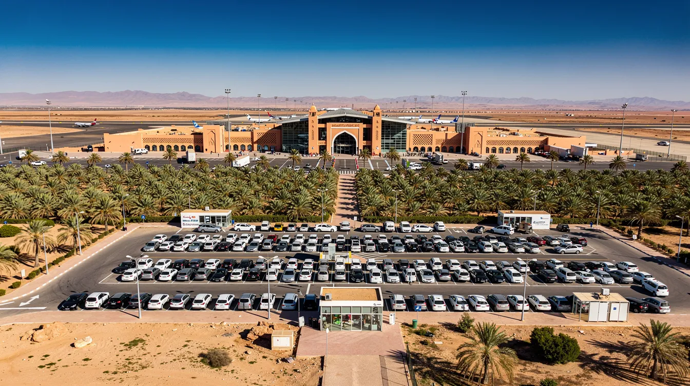 Immagine aerea di un aeroporto marocchino, con un ampio parcheggio per il noleggio auto e palmeti che circondano la struttura. Si possono notare diverse auto a noleggio pronte per i viaggiatori, evidenziando le opzioni di autonoleggio disponibili per esplorare il Marocco.