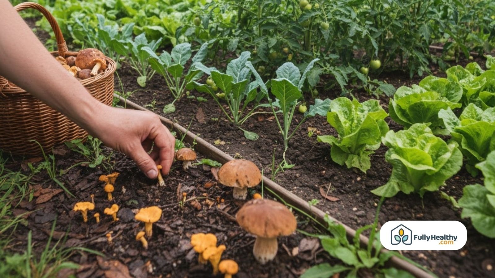 Hand picking wild mushrooms beside leafy vegetables in garden soil