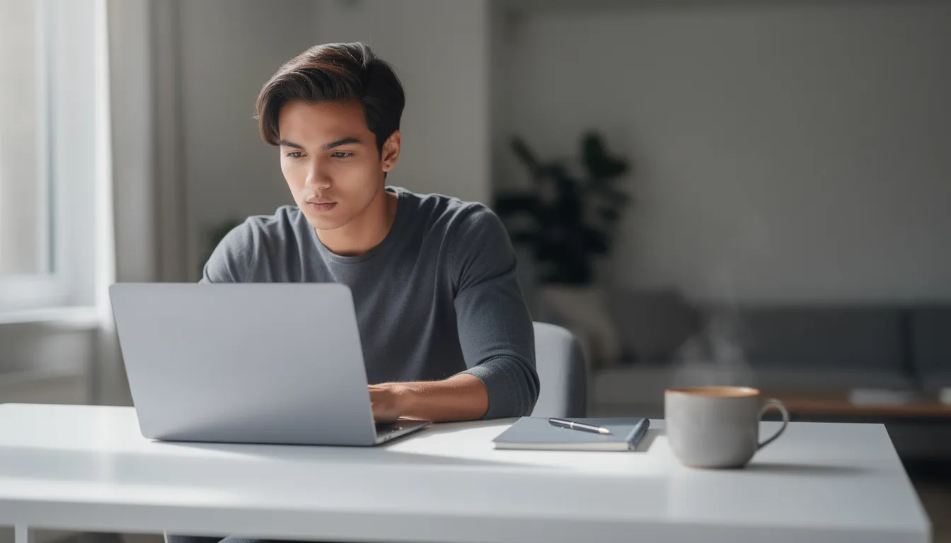A person is sitting at a clean desk, focused and productive while working on an open laptop, with a coffee cup placed nearby, embodying the essence of using AI productivity tools to manage tasks efficiently. The scene reflects a modern workspace where one can leverage AI technologies to automate repetitive tasks and improve time management.