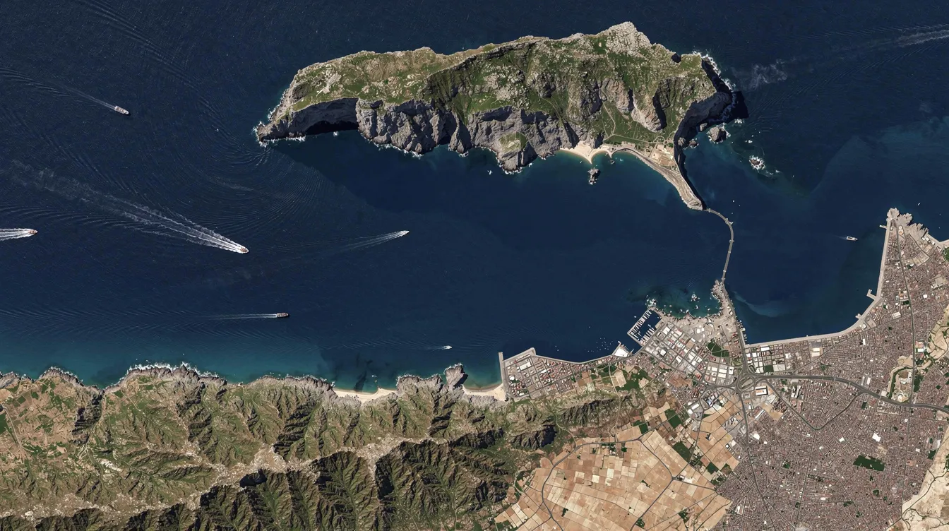 An aerial view of the Strait of Gibraltar captures the narrow waterway that separates North Africa from Europe, showcasing the Mediterranean Sea on one side and the Atlantic Ocean on the other. This strategic location, where Morocco lies to the south, is surrounded by stunning coastal regions and mountainous landscapes, including the Atlas Mountains and the Rif Mountains.