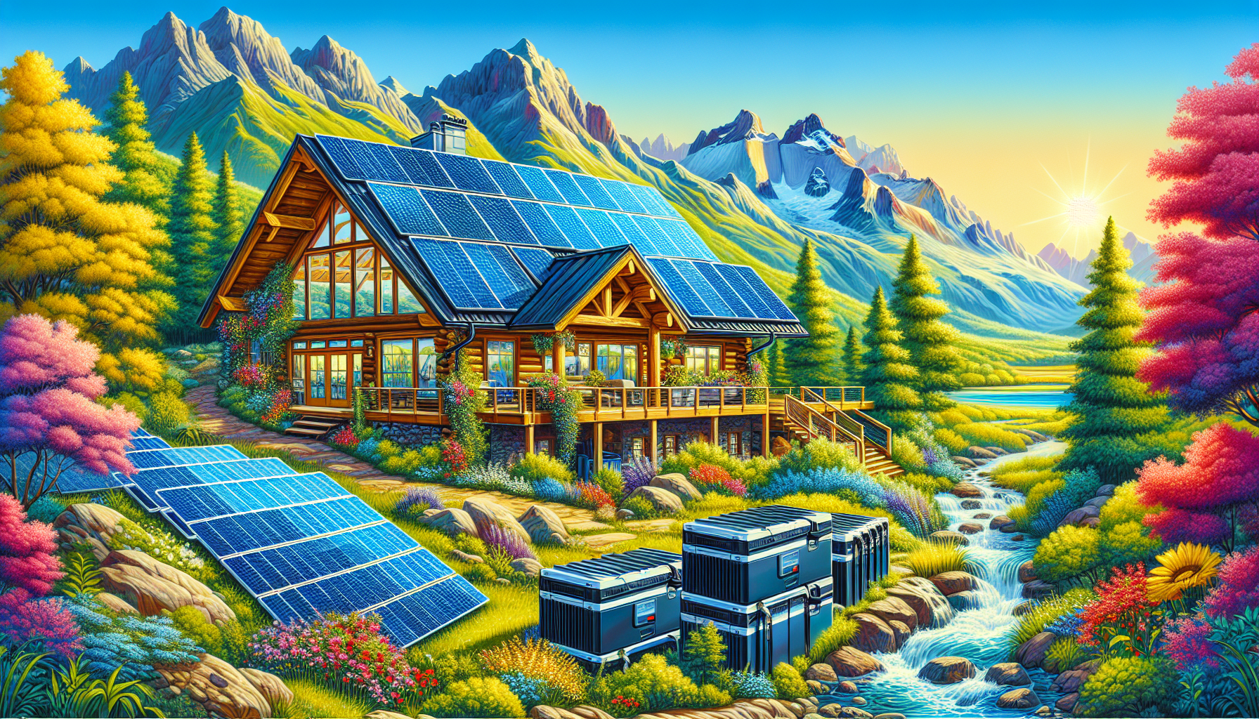 An illustration of an off grid solar system setup including solar panels and batteries.