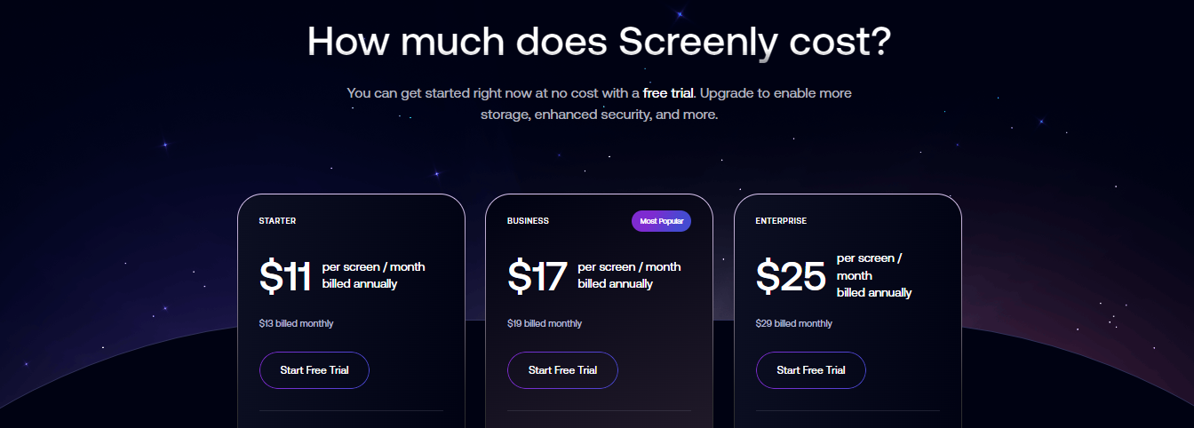 Screenly Pricing Page