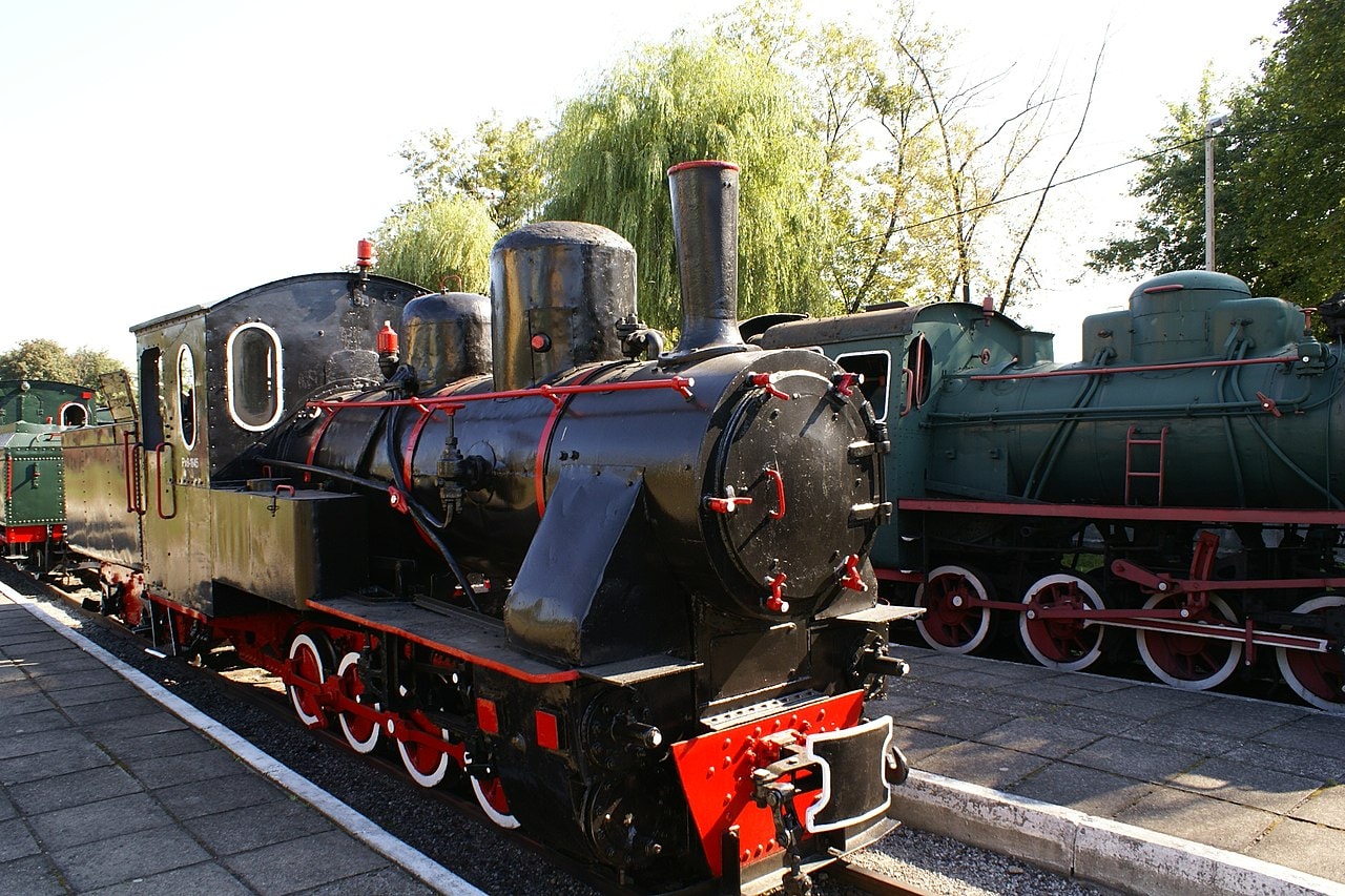 Zdjęcie zewnętrzne Muzeum Kolei Wąskotorowej w Sochaczewie – Na zdjęciu widać zabytkowe lokomotywy i wagony wąskotorowe stojące na torach, otoczone zielenią i drzewami. (źródło: https://commons.wikimedia.org/wiki/File:Muzeum_Kolei_W%C4%85skotorowej_w_Sochaczewie_-_panoramio.jpg)