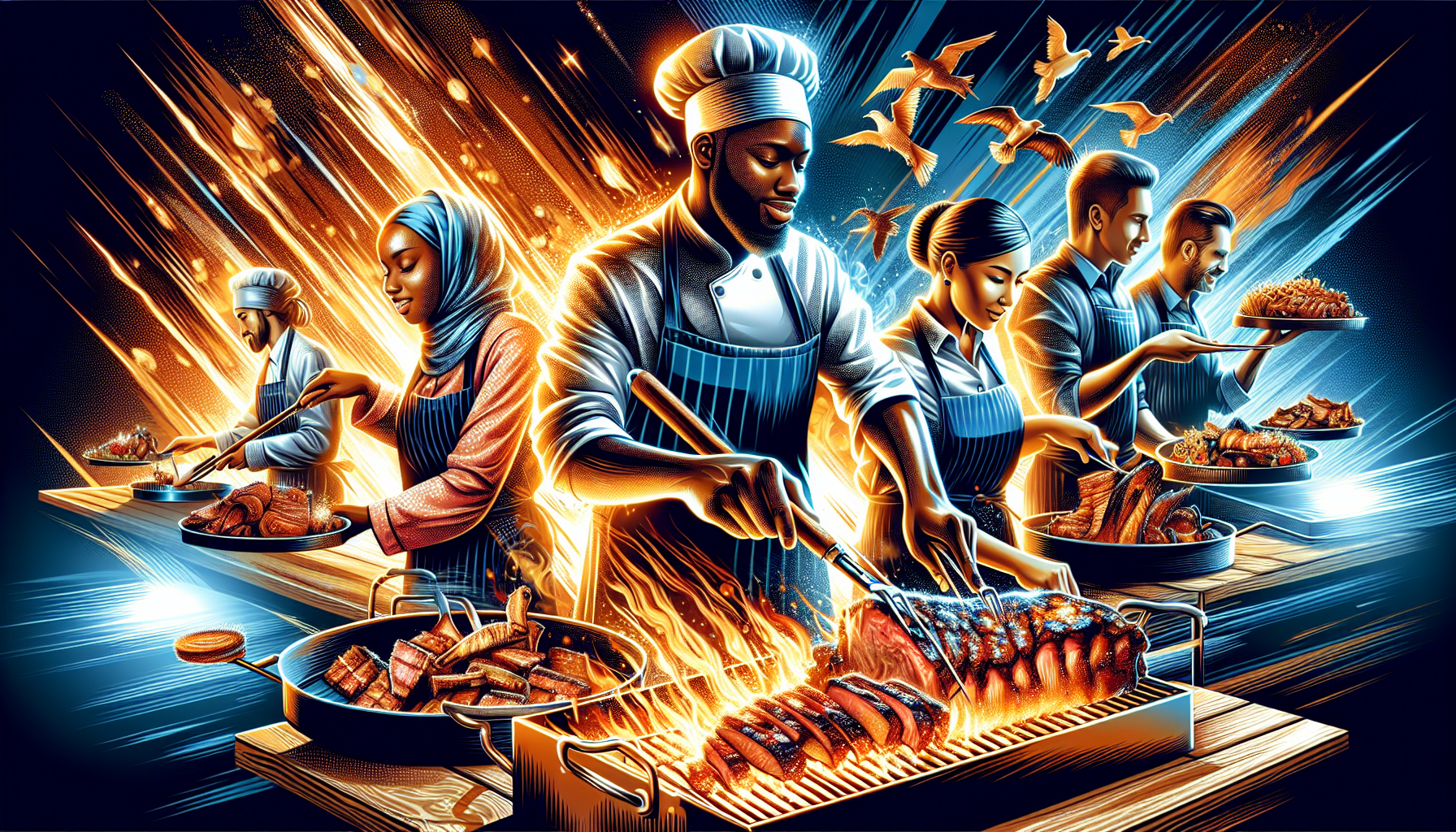 Artistic illustration of BBQ catering specialists preparing food for an event