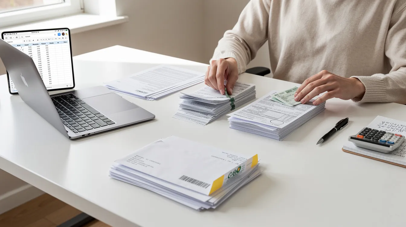A person is meticulously organizing financial documents and bills on a clean desk, preparing for a loan application and ensuring all necessary paperwork, such as income proof and address verification, is in order for a potential 小額 貸款 or 私人 貸款. The environment reflects a focus on financial management and planning.