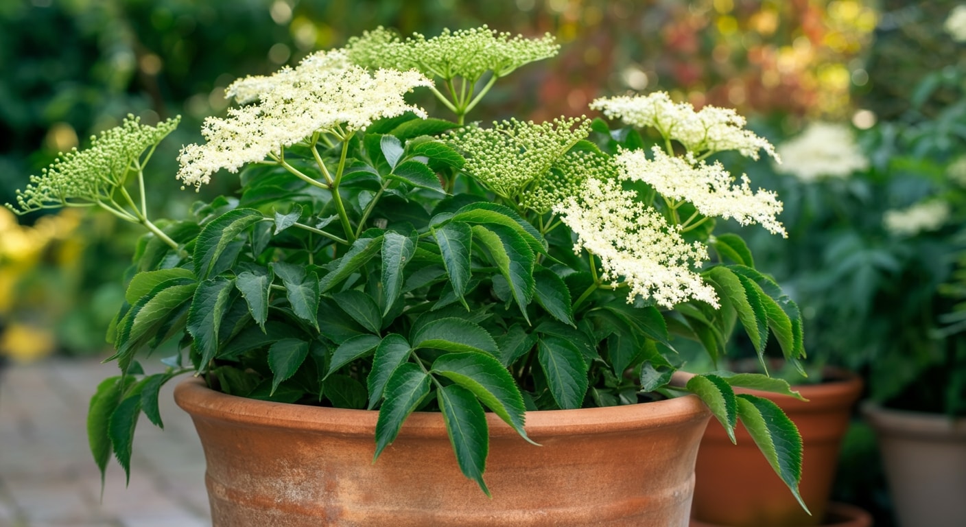 Elderberry plants growing in containers on a patio.