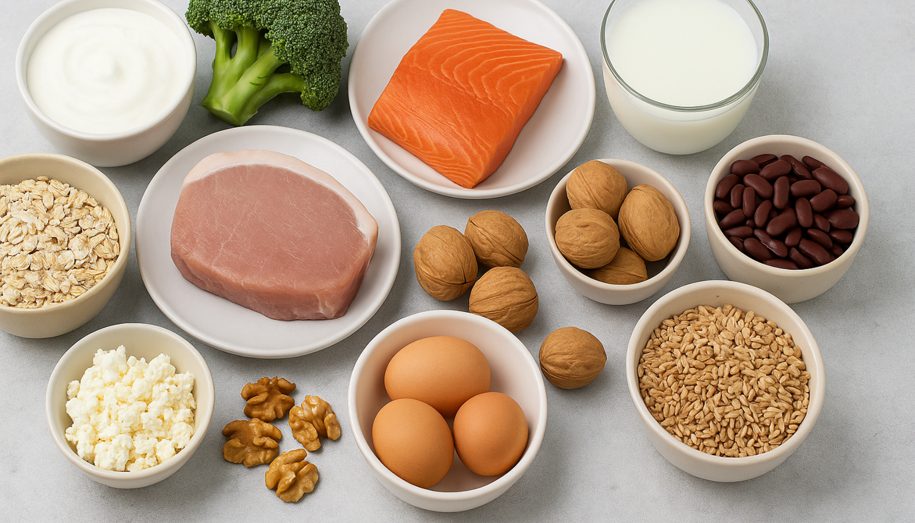 Fosfor – Derfor er dette mineralet viktigere enn du tror 19 Et utvalg fosforrike matvarer som laks, melk, nøtter, egg, bønner og kjøtt, pent lagt ut på et lyst underlag.