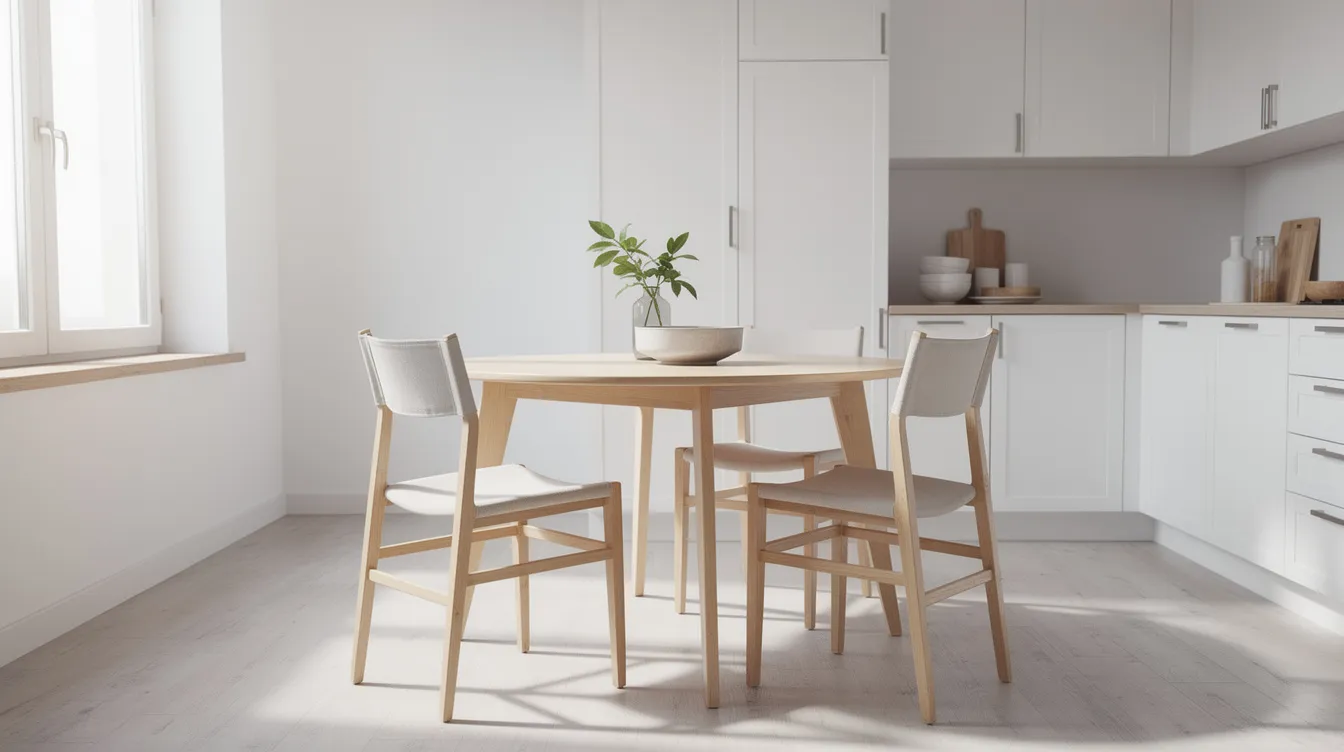 Ett litet runt matbord i ljust trä står i ett kompakt skandinaviskt kök med vita väggar, där naturligt ljus strömmar in. Bordet, som är perfekt för mindre utrymmen, erbjuder en mysig plats för måltider och samvaro.