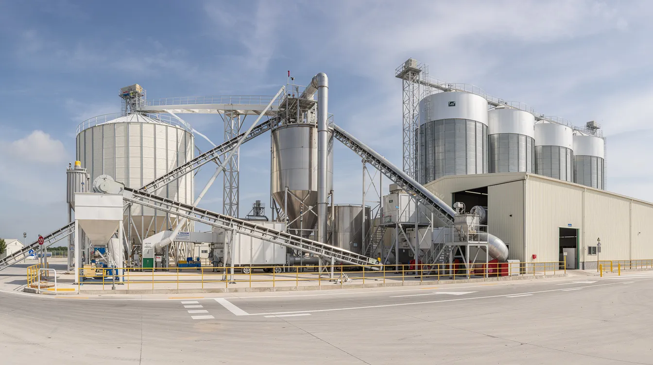8259f559 5ee3 4c9e 9229 f2a11b7138fe The image depicts a modern integrated rice processing plant featuring advanced conveyor systems and large storage silos, set in an industrial environment. This facility plays a crucial role in enhancing rice production and efficiency, contributing to sustainable agriculture and food security for smallholder farmers.