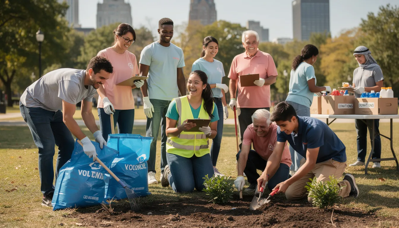 A diverse group of volunteers, including college and high school students, are smiling and collaborating at an outdoor community service event, demonstrating their commitment to local organizations and the positive impact of volunteer work in the community. They are engaged in activities that promote volunteer appreciation and encourage new volunteers to participate in future volunteer opportunities.