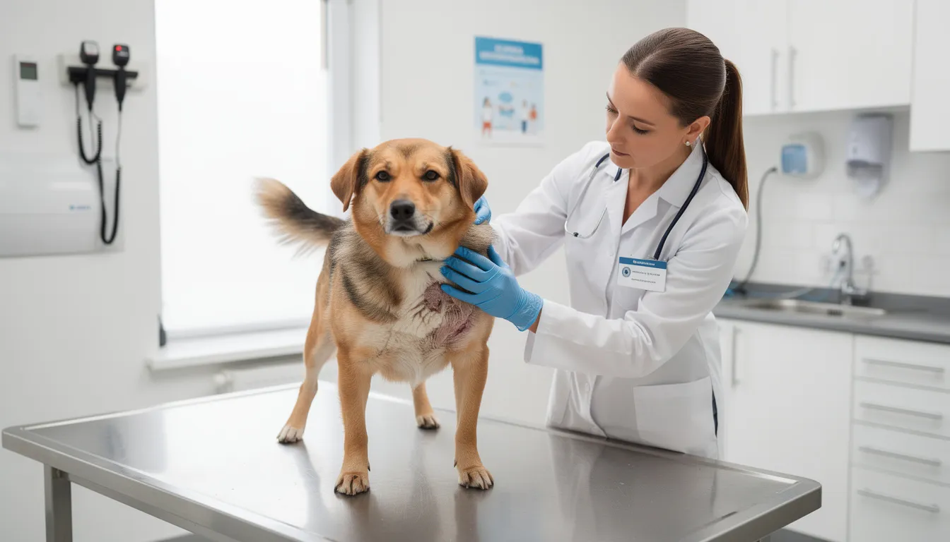 Weterynarz bada skórę psa w klinice, zwracając uwagę na jej stan oraz ewentualne objawy suchej skóry, takie jak swędzenie czy zaczerwienienie. W tle widać sprzęt medyczny oraz przyjazne otoczenie, które sprzyja zdrowiu skóry psa.