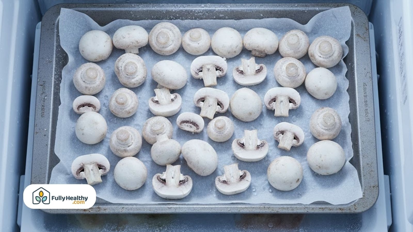 Whole and sliced mushrooms flash frozen on a baking sheet inside a freezer.