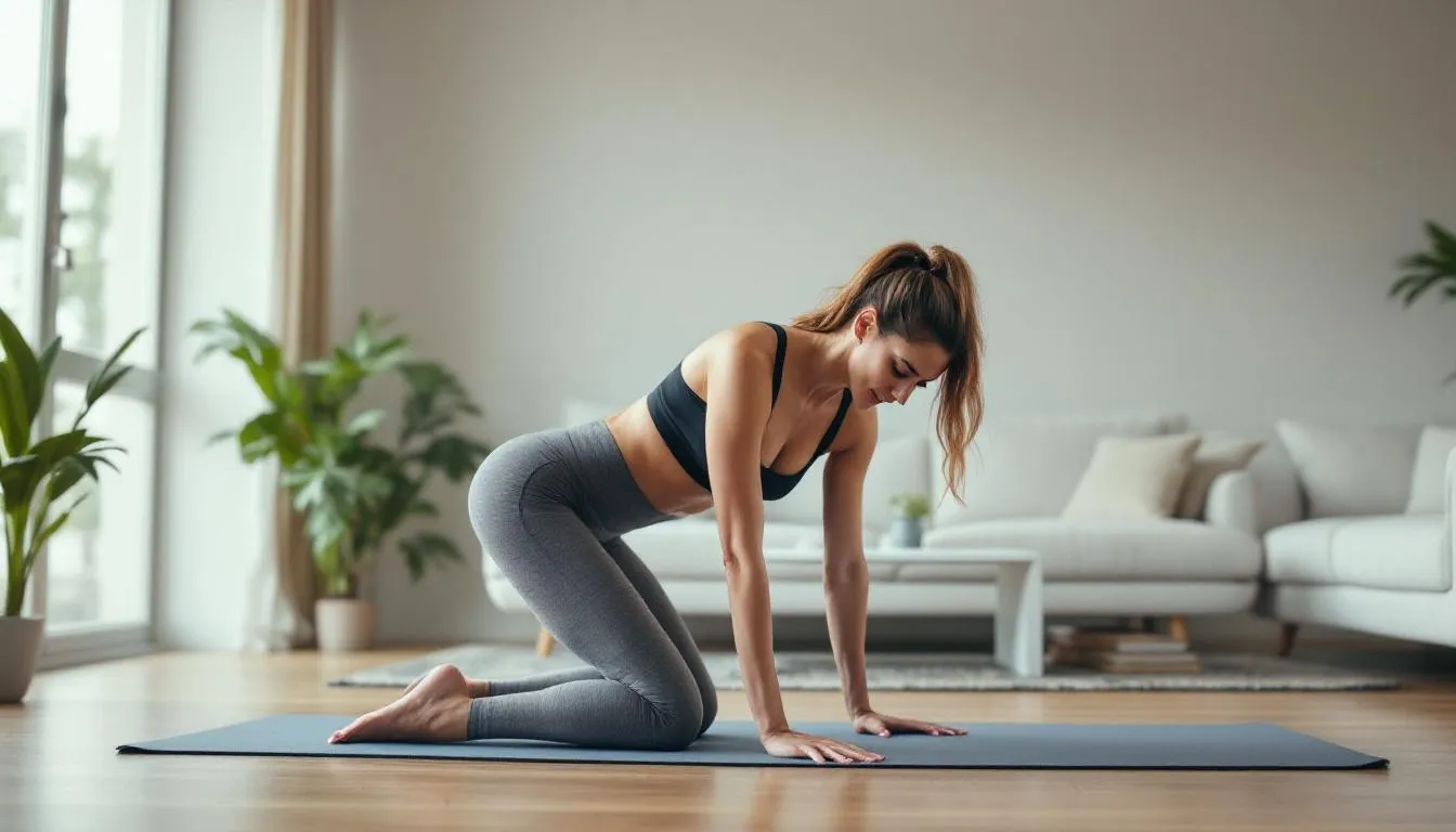 A woman is practicing pilates exercises on an exercise mat in a bright, minimalist home setting, focusing on her core strength and posture. The room is spacious and uncluttered, creating an inviting atmosphere for at home pilates workouts.