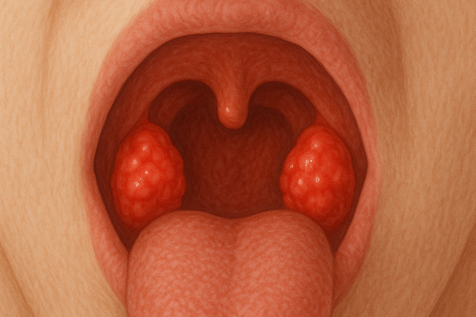 Medisinsk illustrasjon av hovne mandler i svelget, som viser rødhet og betennelse bak i halsen hos en pasient.
