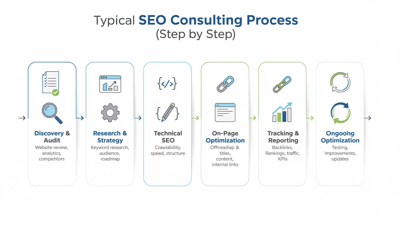 The image illustrates a step-by-step typical SEO consulting process, showcasing various stages such as keyword research, technical SEO, and the development of a comprehensive SEO strategy aimed at improving search engine rankings. It highlights the role of an experienced SEO consultant in optimizing a website's visibility and driving organic traffic through effective SEO services.