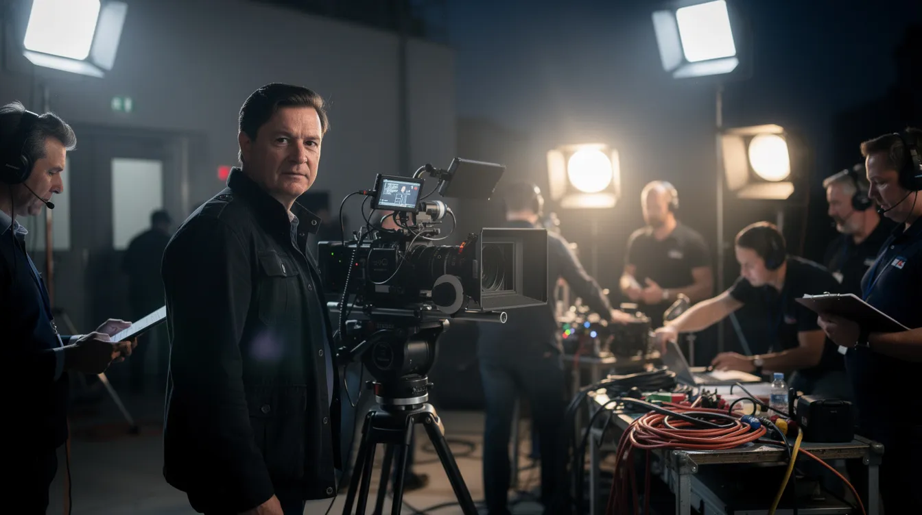 Ein Filmregisseur in einer dunklen Jacke steht an einem Filmset neben einer professionellen Filmkamera, während im Hintergrund Scheinwerfer und Crew-Mitglieder sichtbar sind. Diese Szene könnte an die beeindruckende Arbeit von Ridley Scott erinnern, bekannt für seine Science-Fiction-Filme wie "Blade Runner".