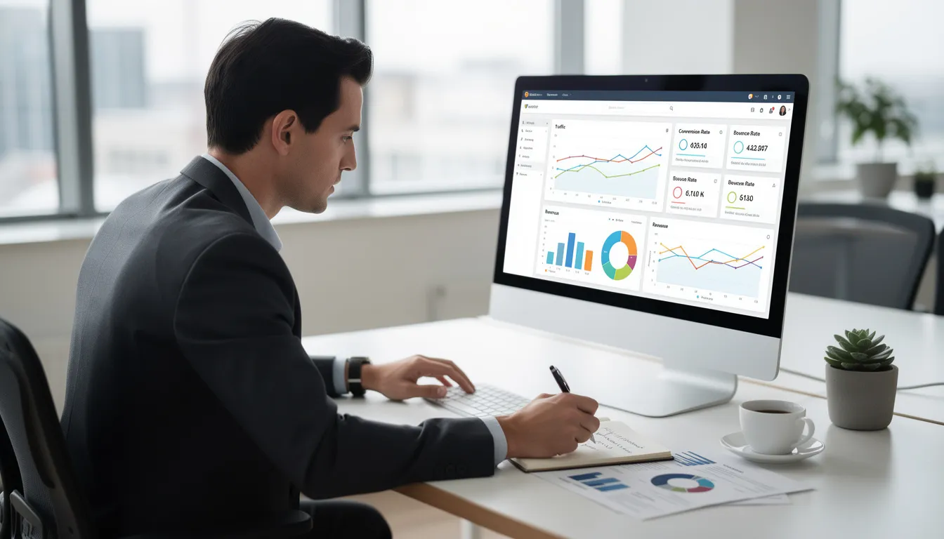 A business professional is intently reviewing website analytics and conversion data on a desktop computer, analyzing metrics to enhance lead generation efforts. This scene highlights the importance of using powerful lead generation tools to turn a website into a lead generating machine.