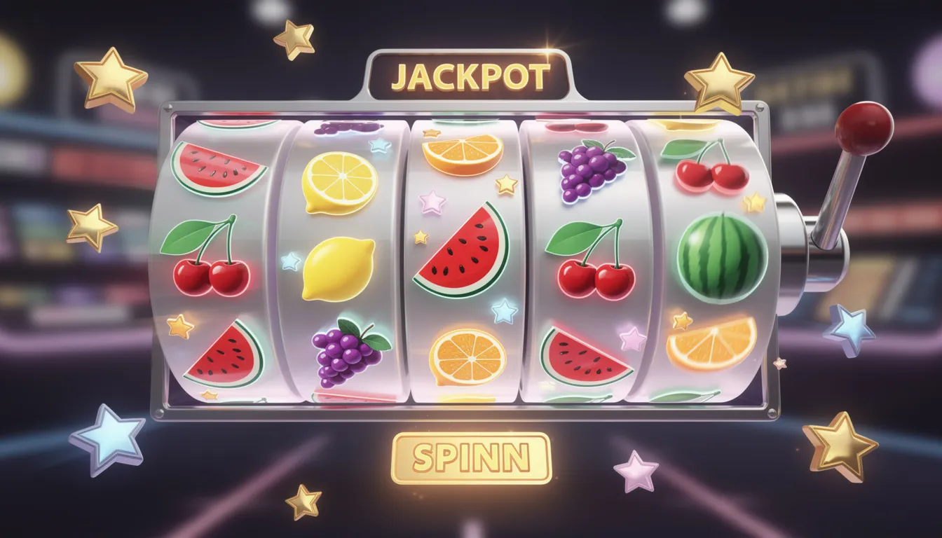 En färgglad bild av slothjul med fruktsymboler och stjärnor, som representerar spänningen i online casino spel hos Speedyspel. Hjulet snurrar med livliga färger och symboler som lockar spelare att ta del av det breda utbudet av slots och bonusar.