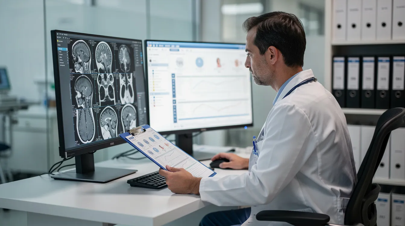 The image shows a doctor focused on reviewing detailed medical records and imaging results at a hospital workstation, highlighting the importance of accurate medical evidence in the diagnosis and treatment of conditions such as early onset Alzheimer's disease and other severe disabilities. This careful evaluation is essential for patients seeking social security disability benefits and compassionate allowances.