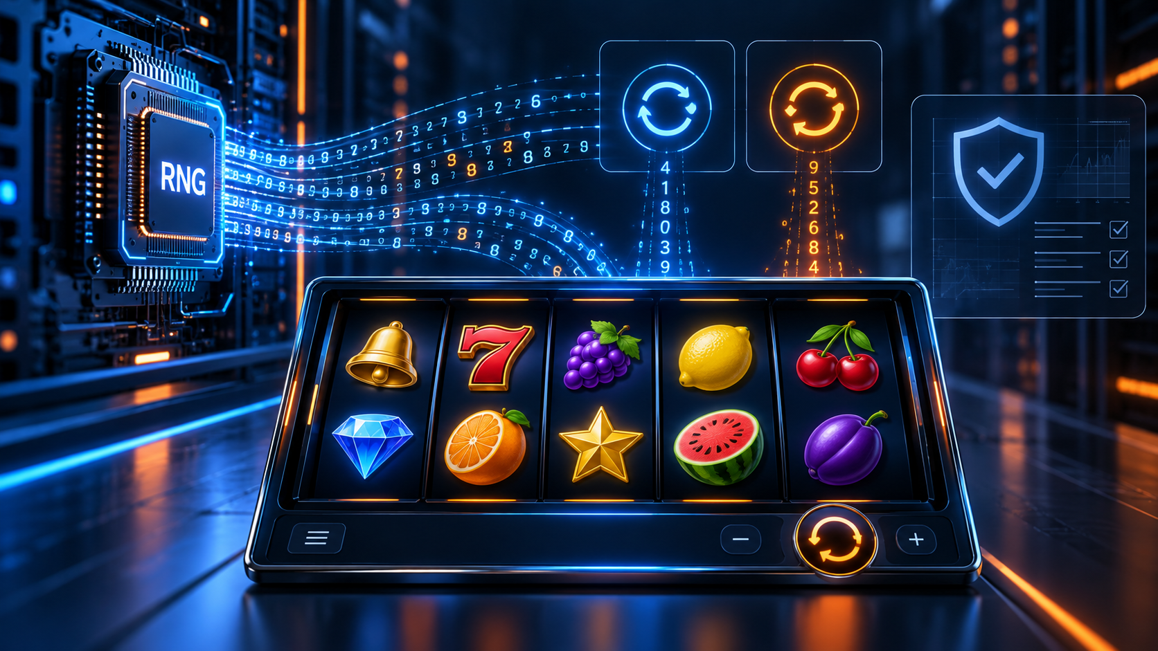 Online gokkast met Random Number Generator, willekeurige uitkomsten en gecontroleerde spelsoftware.