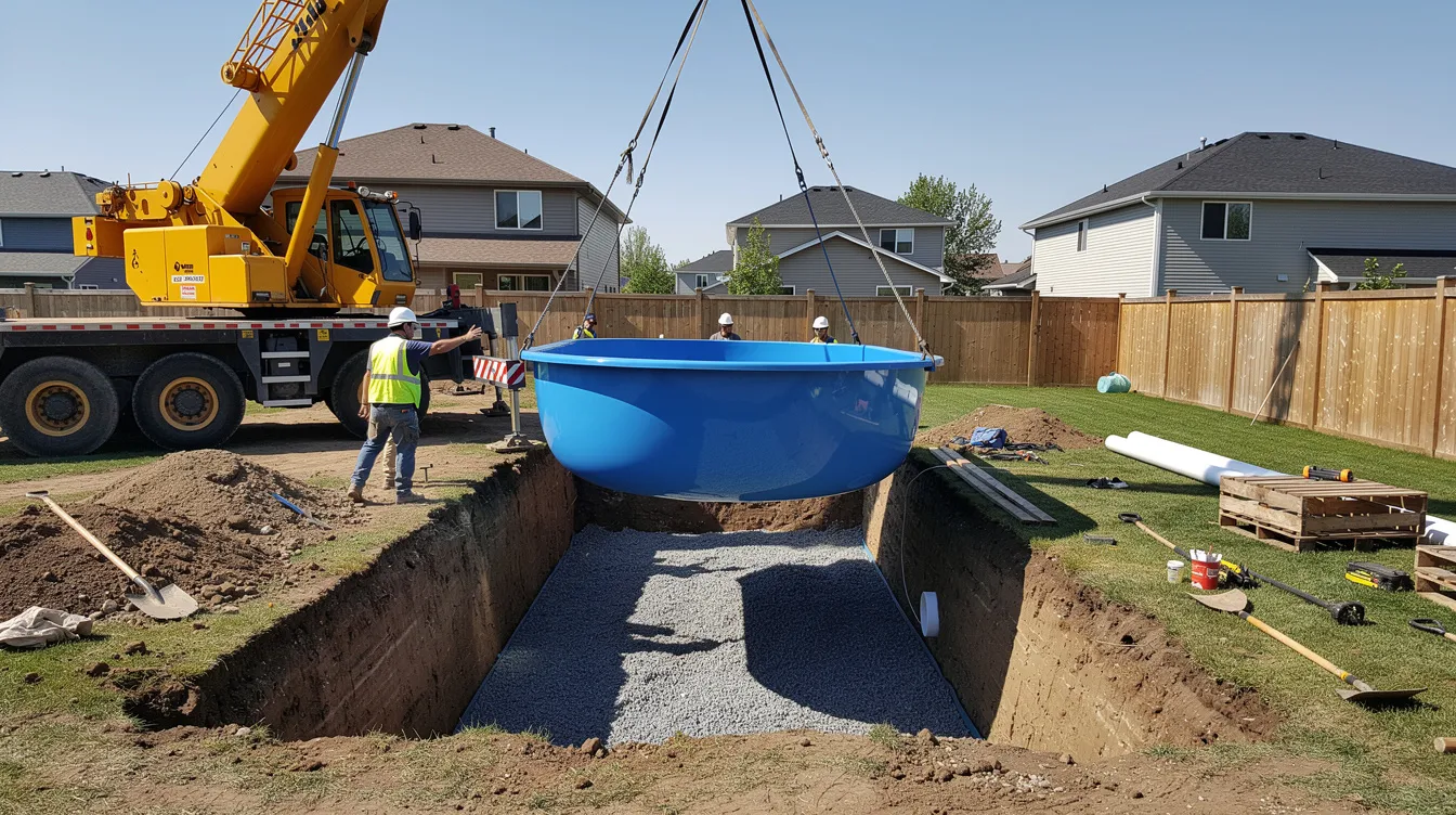 A crane is lowering a large blue fiberglass pool shell into an excavated hole in a backyard, showcasing the fiberglass pool installation process. The scene highlights the careful placement of the inground fiberglass pool as part of the overall pool construction.