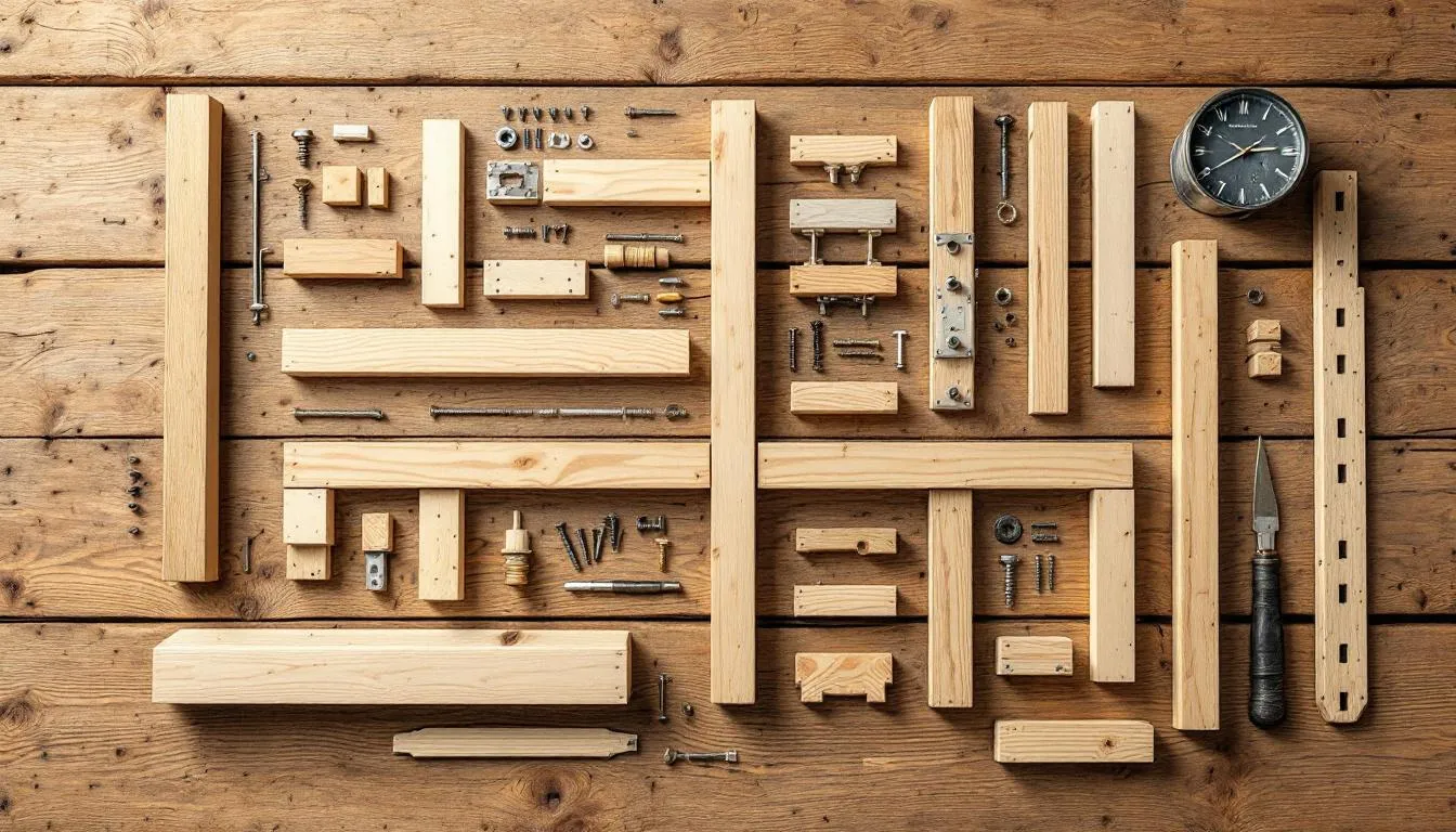 Components of an oak frame extension kit laid out on a workbench.