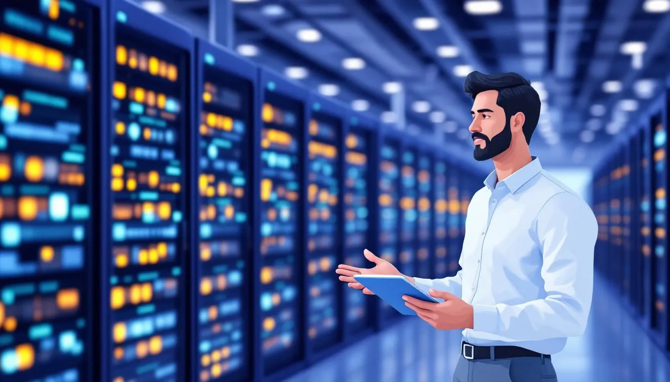 Datacenter proxies explained with a blurred data center in the background.