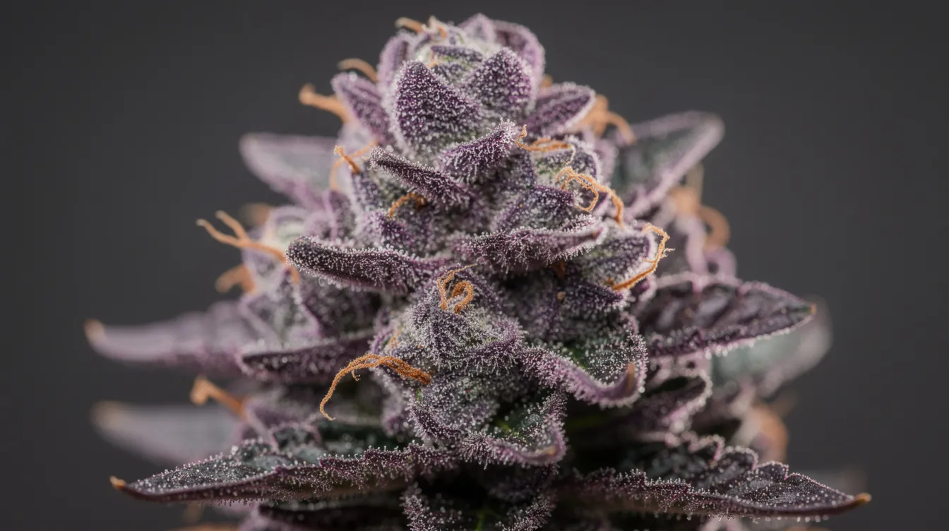 A close-up photograph showcases vibrant purple and green cannabis buds, adorned with frosty trichomes and bright orange pistils, highlighting the beauty of the Tropicana Cherry strain. The image captures the dense, colorful flowers that promise a fruity and uplifting flavor profile with tropical notes.