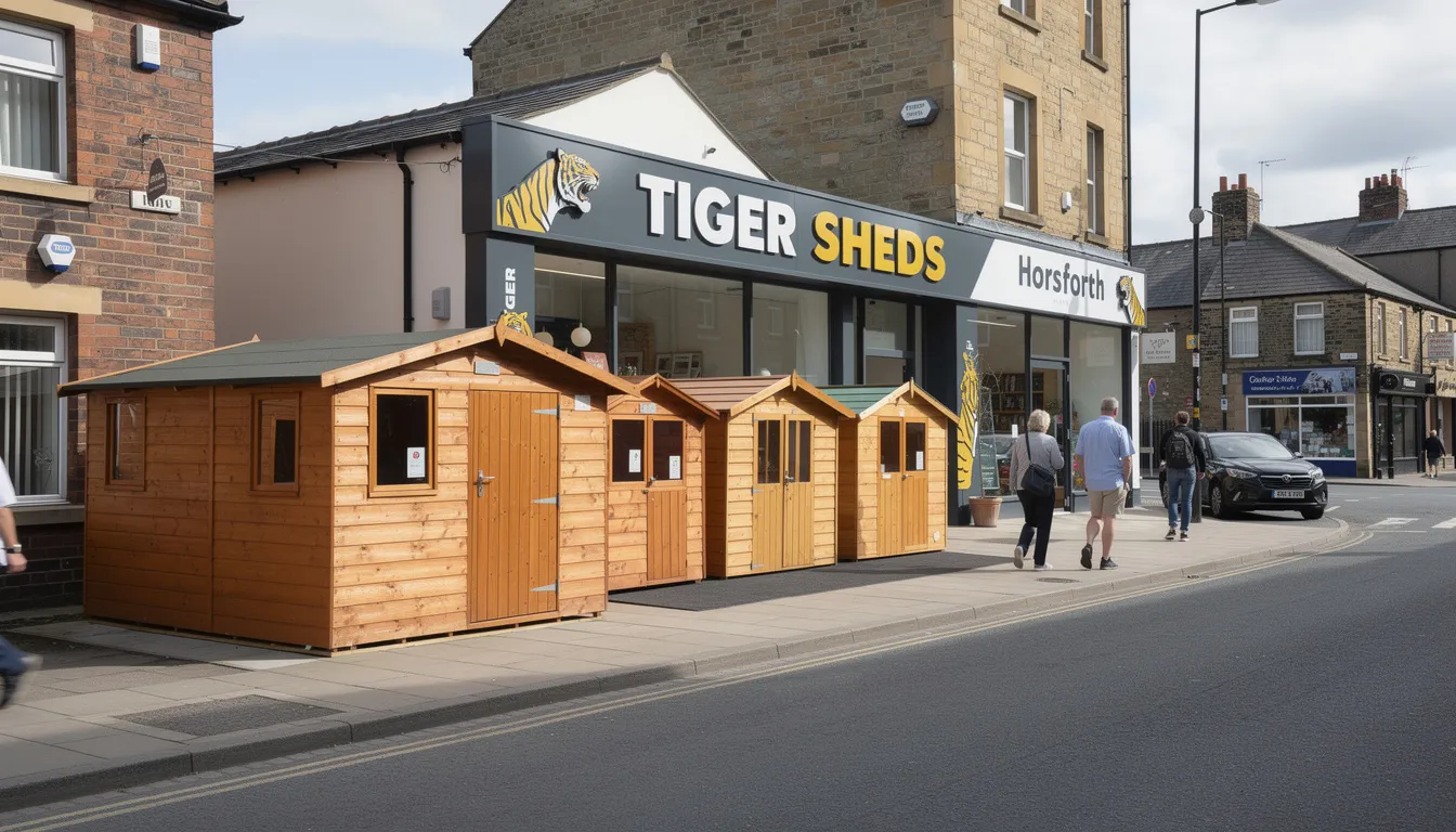 The image showcases a variety of high-quality garden buildings from Tiger Sheds, including log cabins and summerhouses, set in a picturesque outdoor space surrounded by trees. This display highlights the perfect space for storage and leisure, emphasizing the quality craftsmanship and security features of Tiger's garden building models.