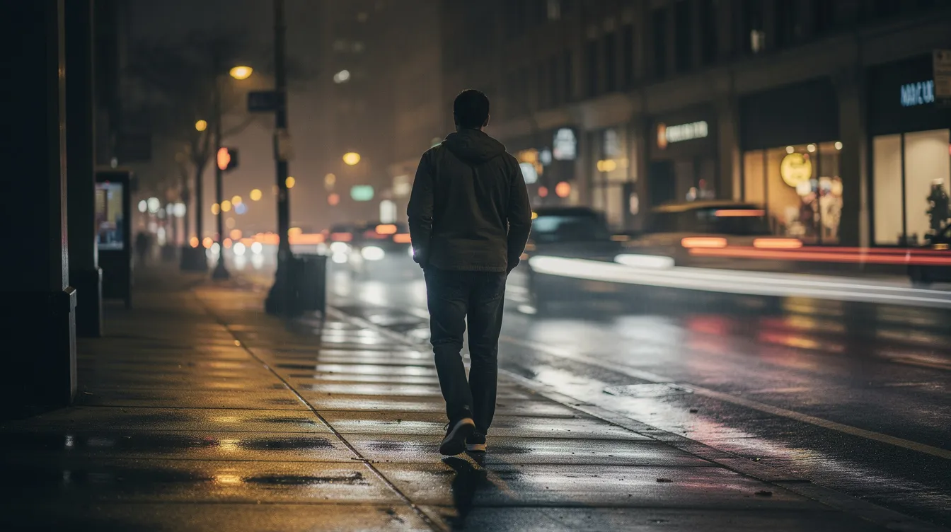 Una persona camina por una acera urbana iluminada por las luces de vehículos durante la noche, reflejando la importancia de la seguridad de los peatones en Houston y el riesgo de accidentes peatonales. La imagen sugiere la necesidad de estar atento a las posibles lesiones y las consecuencias de un accidente de peatón.