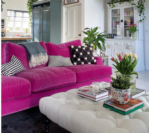 pink velvet couch focal point in living room