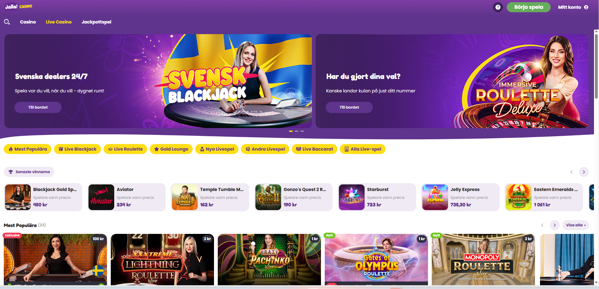 Jalla Casinos Live Casino-sida med live blackjack, roulette och andra livespel.