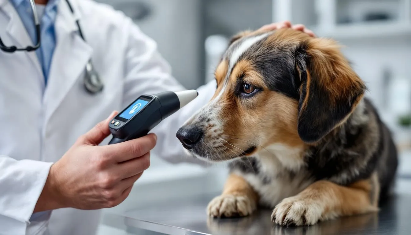 A veterinarian is carefully examining a dog