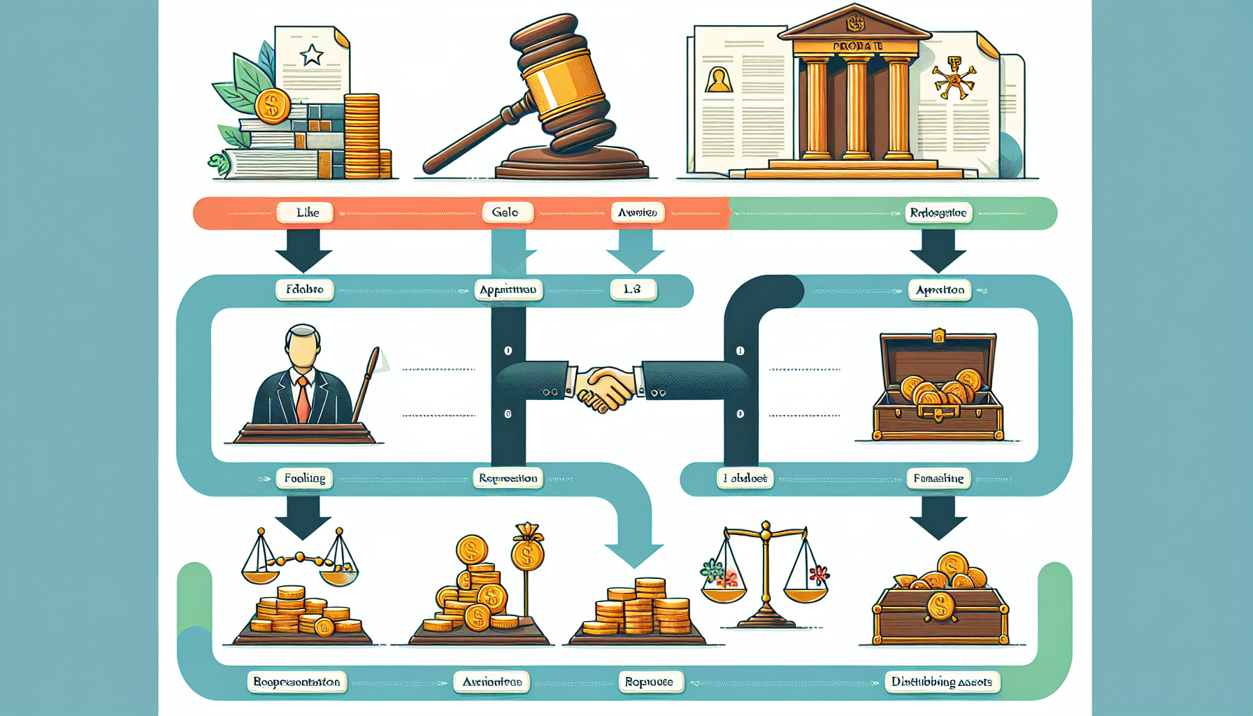 An illustration showing a step-by-step guide of the probate process.