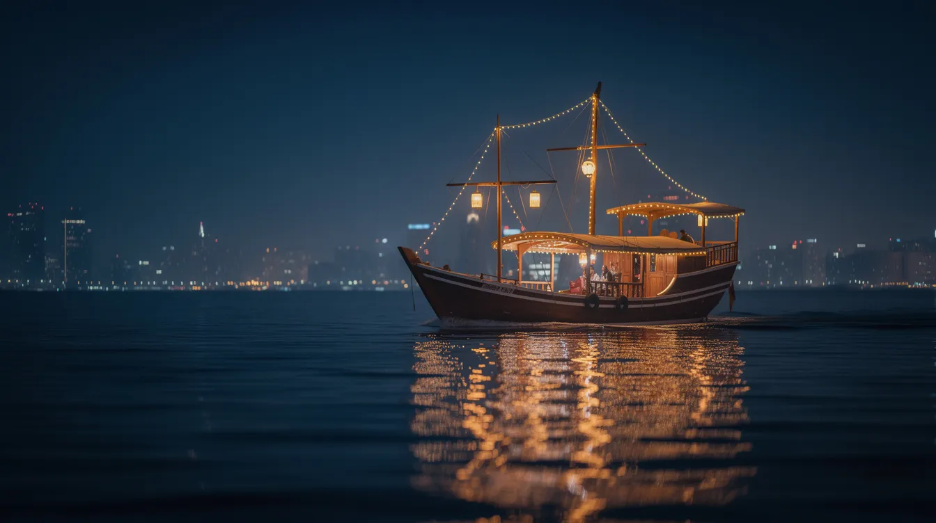 A romantic evening dhow cruise, lit with bright lights reflecting off the waters of Dubai Creek, creating a magical atmosphere ideal for a honeymoon. In the background, you can see the silhouettes of the city's modern buildings, including the iconic Burj Khalifa.