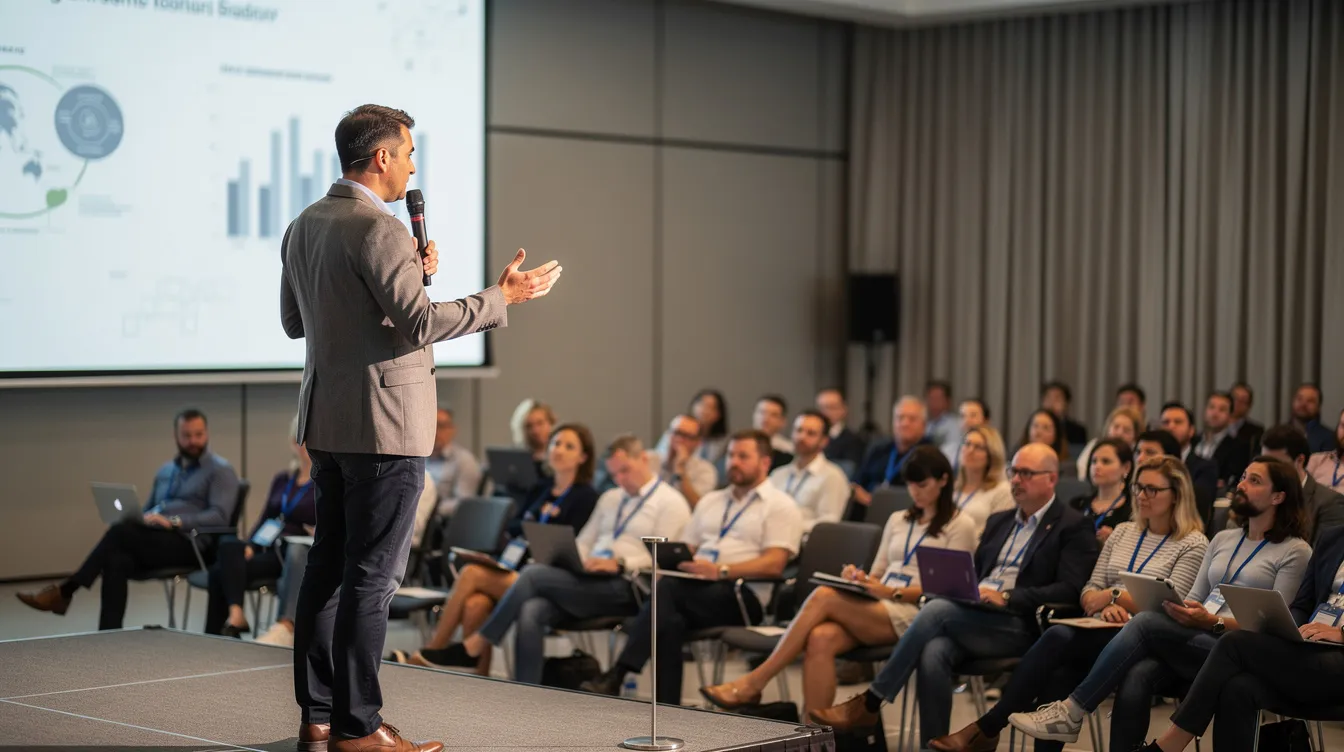 Na obrazie widoczny jest prelegent przemawiający do publiczności w sali konferencyjnej podczas konferencji technologicznej, omawiający zagadnienia związane z modelami sztucznej inteligencji i ich wpływem na widoczność w wyszukiwarkach AI. W tle można dostrzec słuchaczy, którzy z zainteresowaniem słuchają jego odpowiedzi na pytania użytkowników.