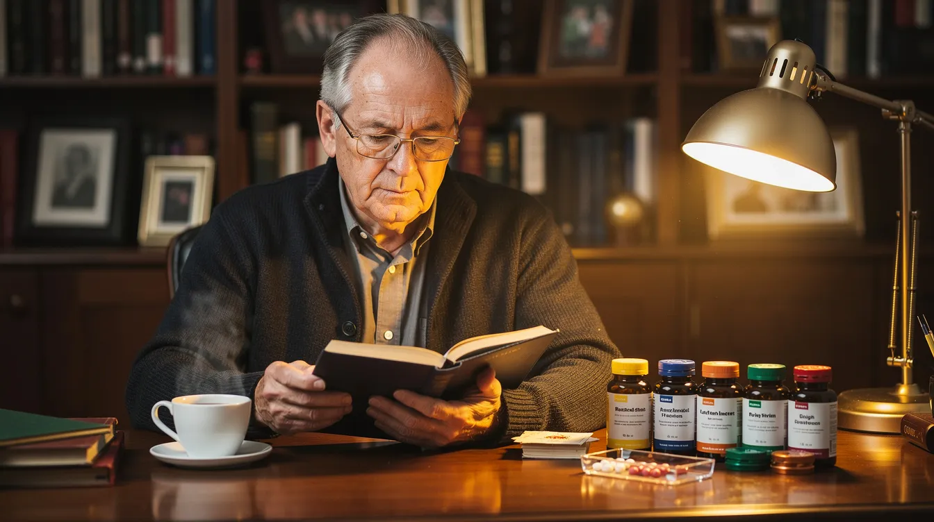 An older man sits comfortably in a well-lit study, engrossed in a book while a steaming cup of tea and various brain health supplements are neatly arranged on his desk. The scene emphasizes the importance of cognitive health and a healthy lifestyle for aging brains, showcasing a serene environment conducive to mental clarity and focus.