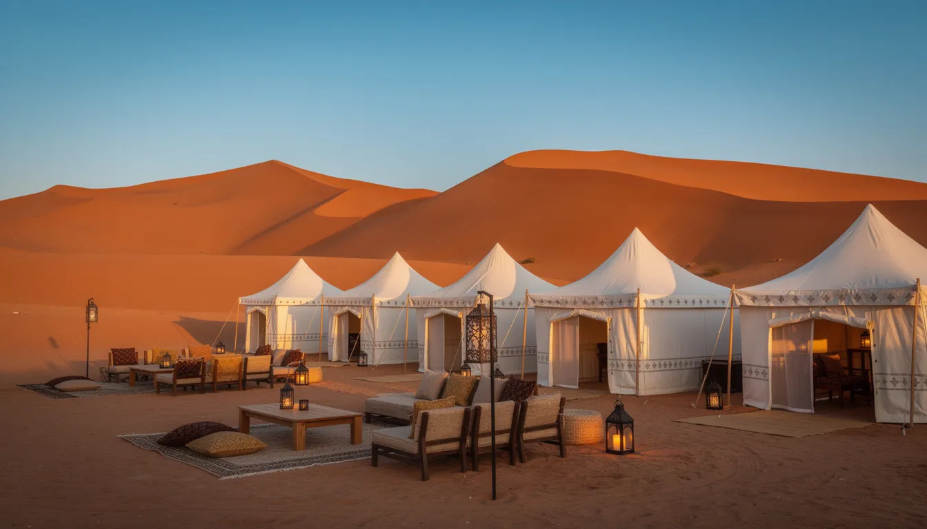 The image depicts a luxurious desert camp featuring elegant white tents nestled against towering orange sand dunes, all set under a pristine blue sky. This serene scene captures the essence of a wonderful trip to the Sahara Desert, perfect for those seeking unforgettable experiences in Morocco.