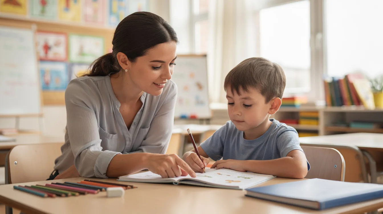 Na zdjęciu widoczna jest nauczycielka pracująca z dzieckiem przy biurku w jasnej klasie szkolnej. Wspierająca atmosfera sprzyja indywidualnym potrzebom edukacyjnym ucznia, co może być szczególnie ważne dla dzieci z spektrum autyzmu i potrzebą kształcenia specjalnego.