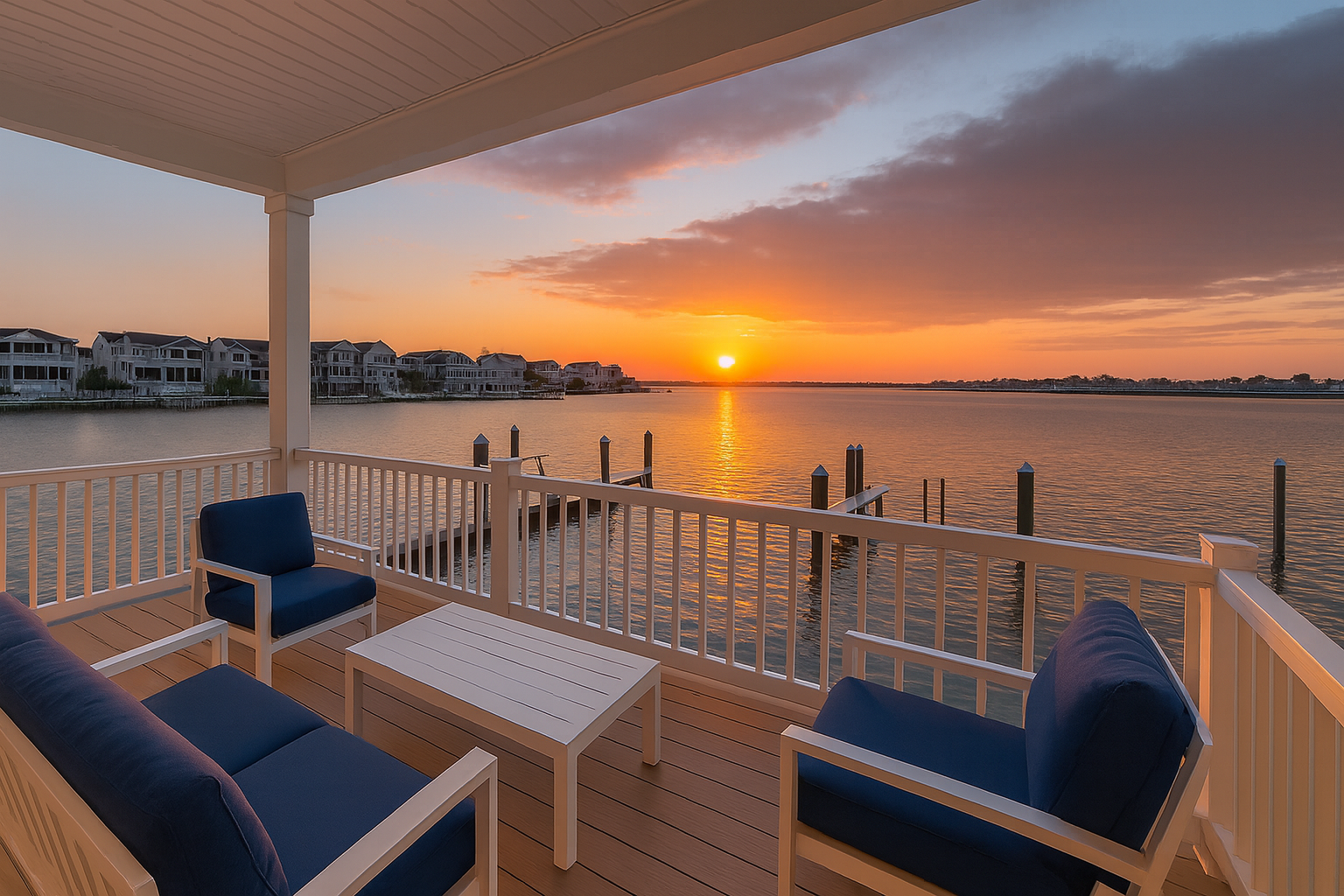Bayfront New Jersey Shore vacation rental patio with modern blue and white furniture overlooking calm bay waters at sunset.