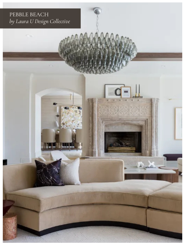 carved fireplace at Pebble Beach, one of our top fireplace ideas, with a dining room in the background