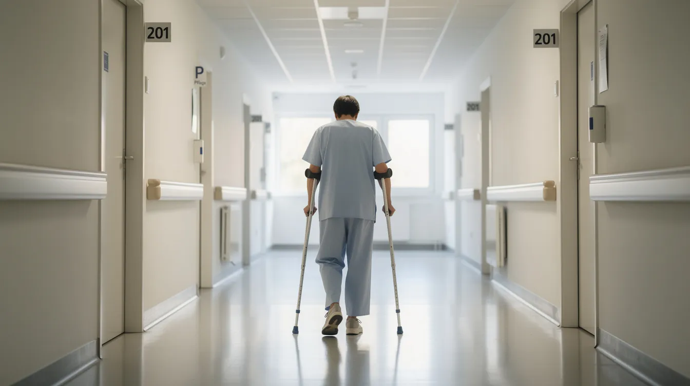 Eine Person mit Unterarmgehstützen geht einen hellen Krankenhausflur entlang, während sie in bequemen unisex Hosen gekleidet ist. Die Kleidung besteht aus einem Mischgewebe von 50% Baumwolle und 50% Polyester, was für hohen Tragekomfort und Hygiene sorgt.