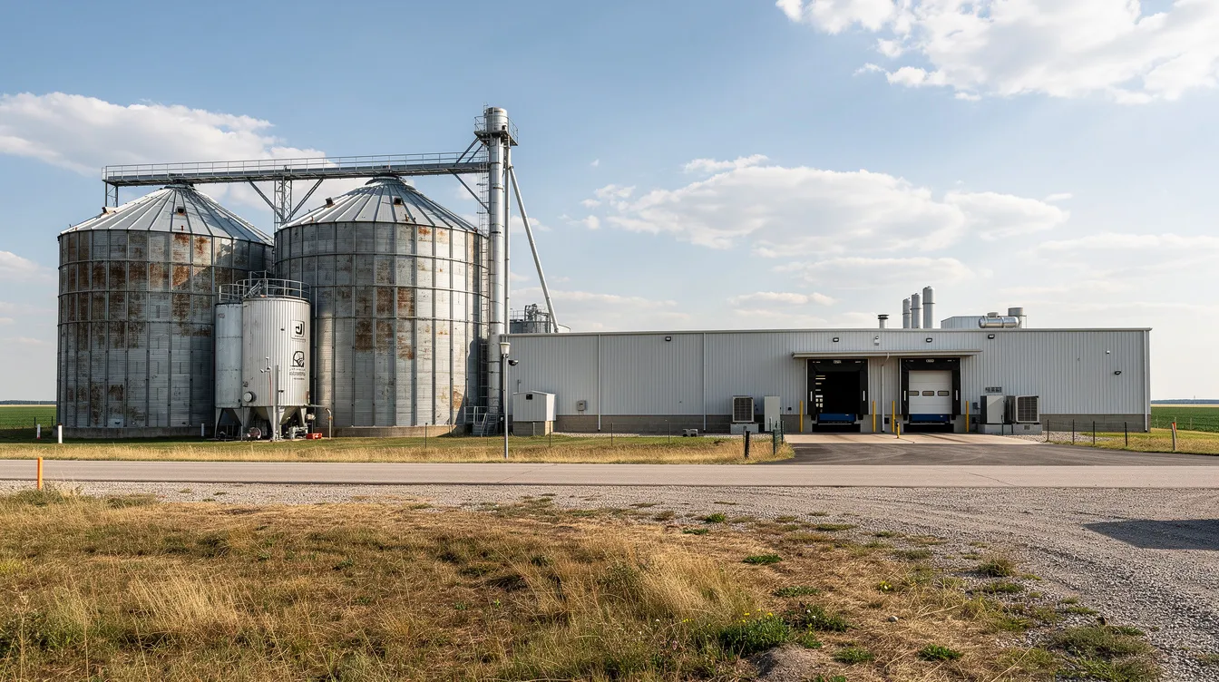 82752461 0a07 41c6 80a9 61bed162e383 The image depicts large industrial grain storage silos adjacent to a manufacturing building, set against a flat agricultural landscape, highlighting the infrastructure essential for ethanol production. This scene emphasizes the importance of grain-based feedstock availability in the context of ethanol manufacturing and energy security.
